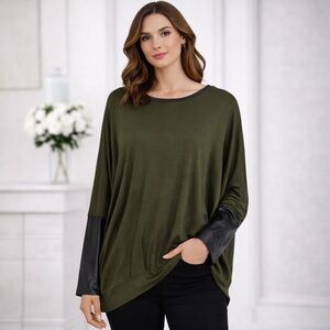 Kenneth Cole Olive Green Oversized Tunic Top Faux Leather Sleeve XL Relaxed Chic